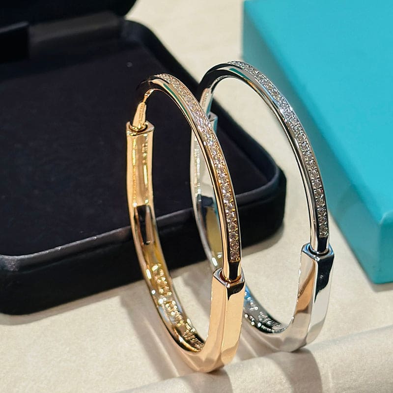 18K Tiffany Lock Bangle Half Pave Diamonds Bracelet